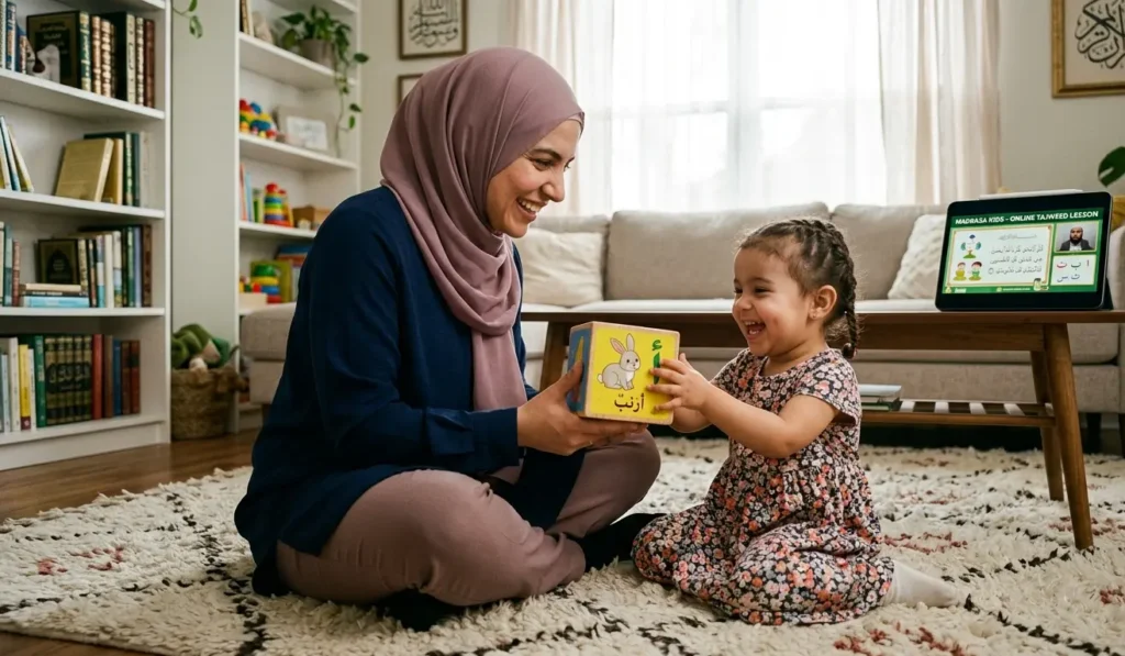 Mother peacefully teaching quran to toddlers at home