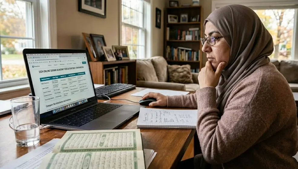Parent researching online quran academy fees